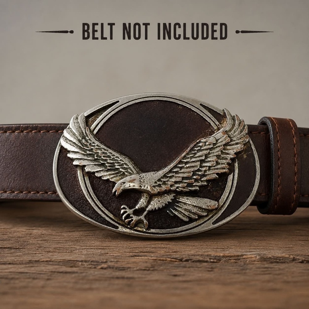 VTG Eagle Belt Buckle Silver Tone Leather Backing Soaring Bald Eagle Western USA